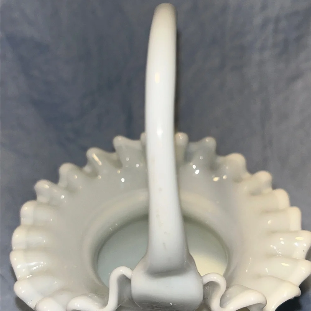 Fenton Hand Painted Rose Ruffle Basket White Glass Faded Gold Trim